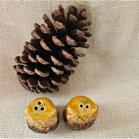 Vintage Two Toned Brown Ceramic Owl & Leaf Salt & Pepper Shakers - Picture 3 of 9
